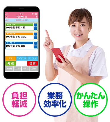 YuiPhoneがスタッフの負担を軽減し、業務を効率化。ワンタッチ簡単操作で施設全体を見守ります。