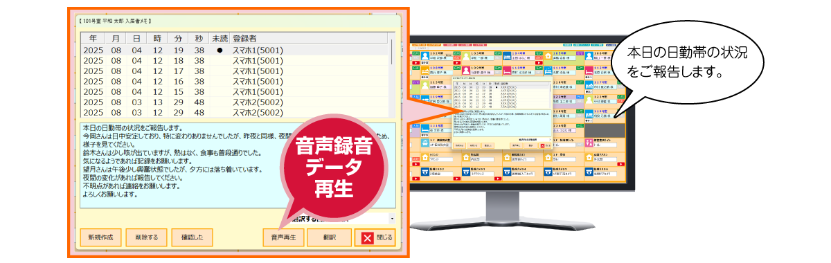 記録された申し送り内容を音声再生で確認することができます。