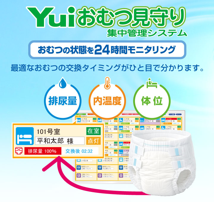 Yuiおむつ見守り集中管理システムで、おむつの状態を24時間モニタリング。最適なおむつの交換タイミングがひと目で分かります。